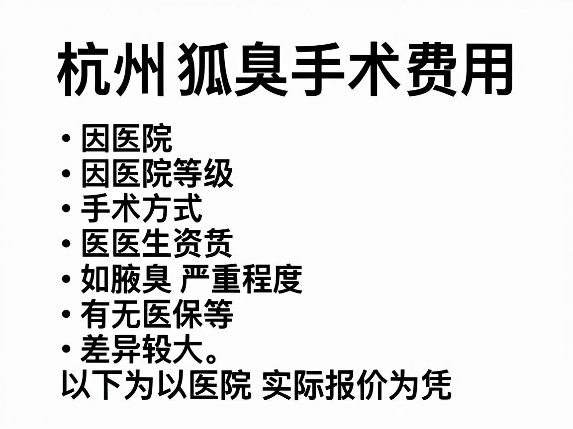 杭州狐臭手术的费用因医院等级、手术方式、医生资质及患者具体情况(如腋臭严重程度、有无医保等)差异较大。以下为参考范围,具体以医院实际报价为准 杭州狐臭手术的费用因医院等级、手术方式、医生资质及患者具体情况(如腋臭严重程度、有无医保等)差异较大。以下为参考范围,具体以医院实际报价为准