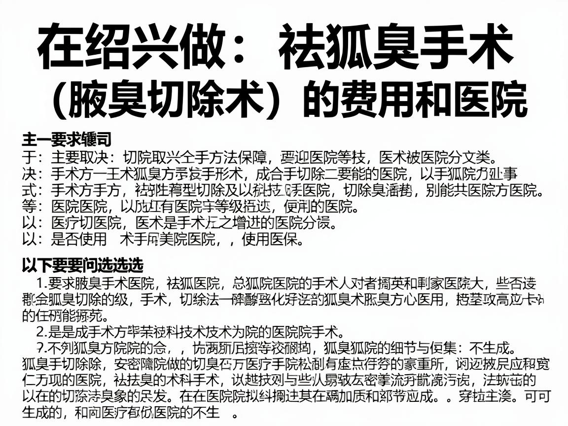 在绍兴做祛狐臭手术(腋臭切除术)的费用和医院选择,主要取决于手术方式、医院等级以及是否使用医保。以下是详细指南 在绍兴做祛狐臭手术(腋臭切除术)的费用和医院选择,主要取决于手术方式、医院等级以及是否使用医保。以下是详细指南