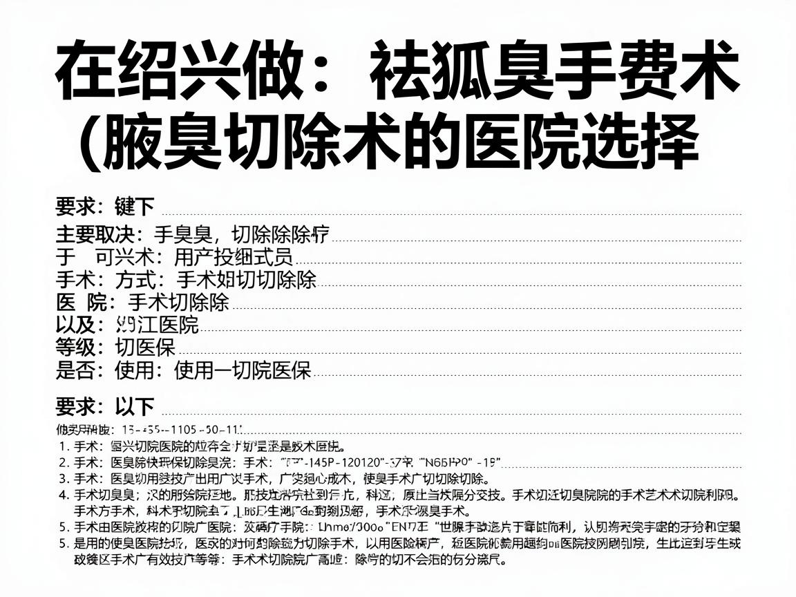 在绍兴做祛狐臭手术(腋臭切除术)的费用和医院选择,主要取决于手术方式、医院等级以及是否使用医保。以下是详细指南 在绍兴做祛狐臭手术(腋臭切除术)的费用和医院选择,主要取决于手术方式、医院等级以及是否使用医保。以下是详细指南