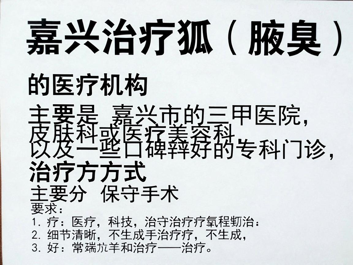 嘉兴治疗狐臭(腋臭)的医疗机构主要是嘉兴市的三甲医院皮肤科或医疗美容科,以及一些口碑较好的专科门诊。治疗方式主要分为保守治疗和手术治疗 嘉兴治疗狐臭(腋臭)的医疗机构主要是嘉兴市的三甲医院皮肤科或医疗美容科,以及一些口碑较好的专科门诊。治疗方式主要分为保守治疗和手术治疗