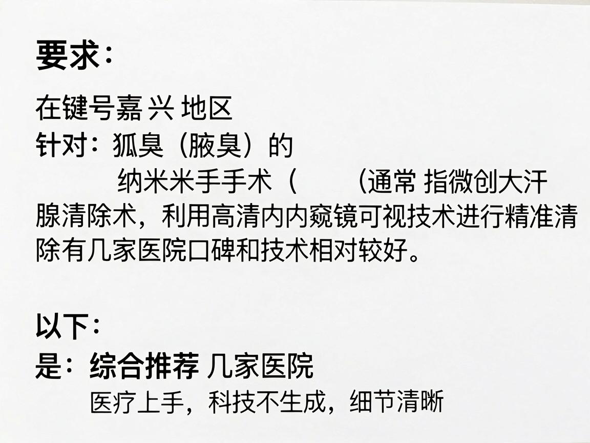 在嘉兴地区,针对狐臭(腋臭)的纳米手术(通常指微创大汗腺清除术,利用高清内窥镜或可视技术进行精准清除)有几家医院口碑和技术相对较好。以下是综合推荐的几家医院及选择建议 在嘉兴地区,针对狐臭(腋臭)的纳米手术(通常指微创大汗腺清除术,利用高清内窥镜或可视技术进行精准清除)有几家医院口碑和技术相对较好。以下是综合推荐的几家医院及选择建议