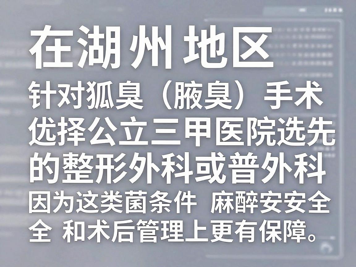 在湖州地区,针对狐臭(腋臭)手术,建议优先选择公立三甲医院的整形外科或普外科,因为这类医院在无菌条件、麻醉安全和术后管理上更有保障 在湖州地区,针对狐臭(腋臭)手术,建议优先选择公立三甲医院的整形外科或普外科,因为这类医院在无菌条件、麻醉安全和术后管理上更有保障