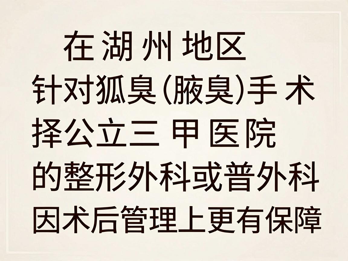 在湖州地区,针对狐臭(腋臭)手术,建议优先选择公立三甲医院的整形外科或普外科,因为这类医院在无菌条件、麻醉安全和术后管理上更有保障 在湖州地区,针对狐臭(腋臭)手术,建议优先选择公立三甲医院的整形外科或普外科,因为这类医院在无菌条件、麻醉安全和术后管理上更有保障