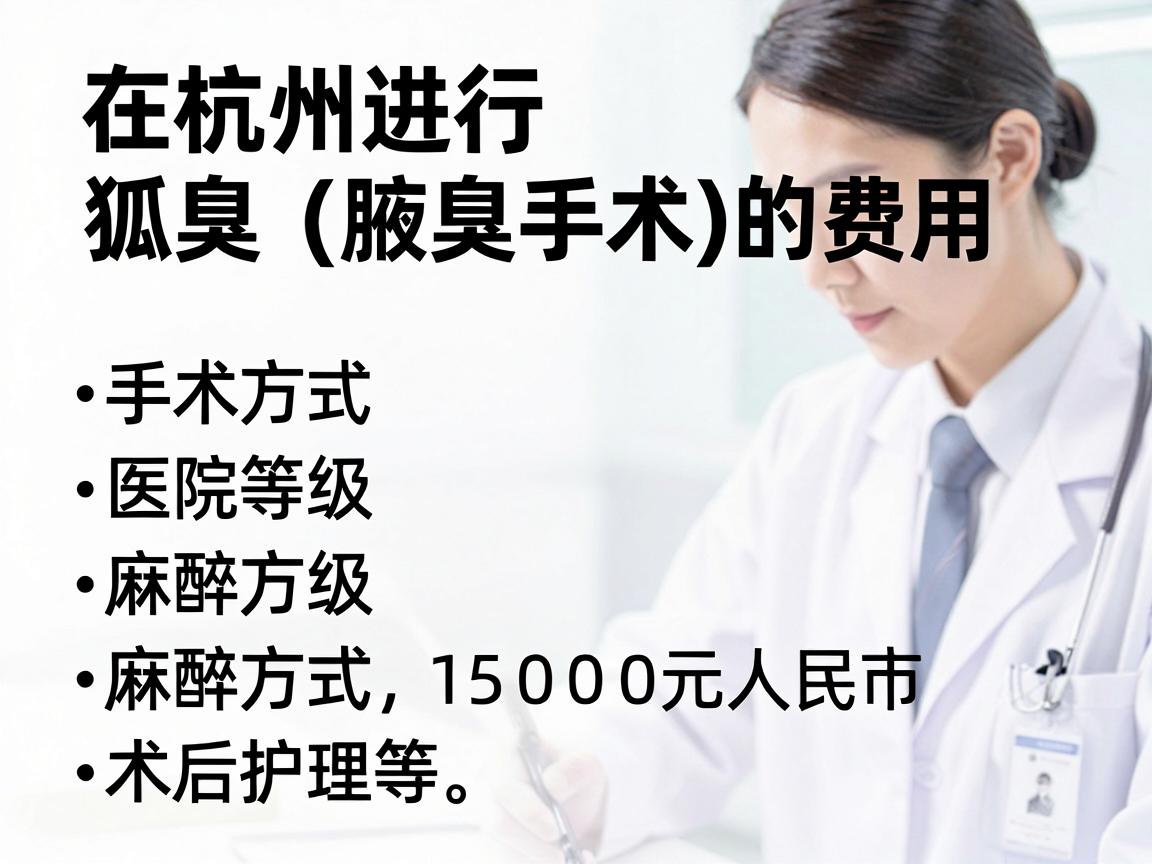 在杭州进行狐臭(腋臭)手术的费用因手术方式、医院等级、麻醉方式及术后护理等因素差异较大,大致范围在3000元至15000元人民币之间。以下为具体费用构成和影响因素供参考 在杭州进行狐臭(腋臭)手术的费用因手术方式、医院等级、麻醉方式及术后护理等因素差异较大,大致范围在3000元至15000元人民币之间。以下为具体费用构成和影响因素供参考