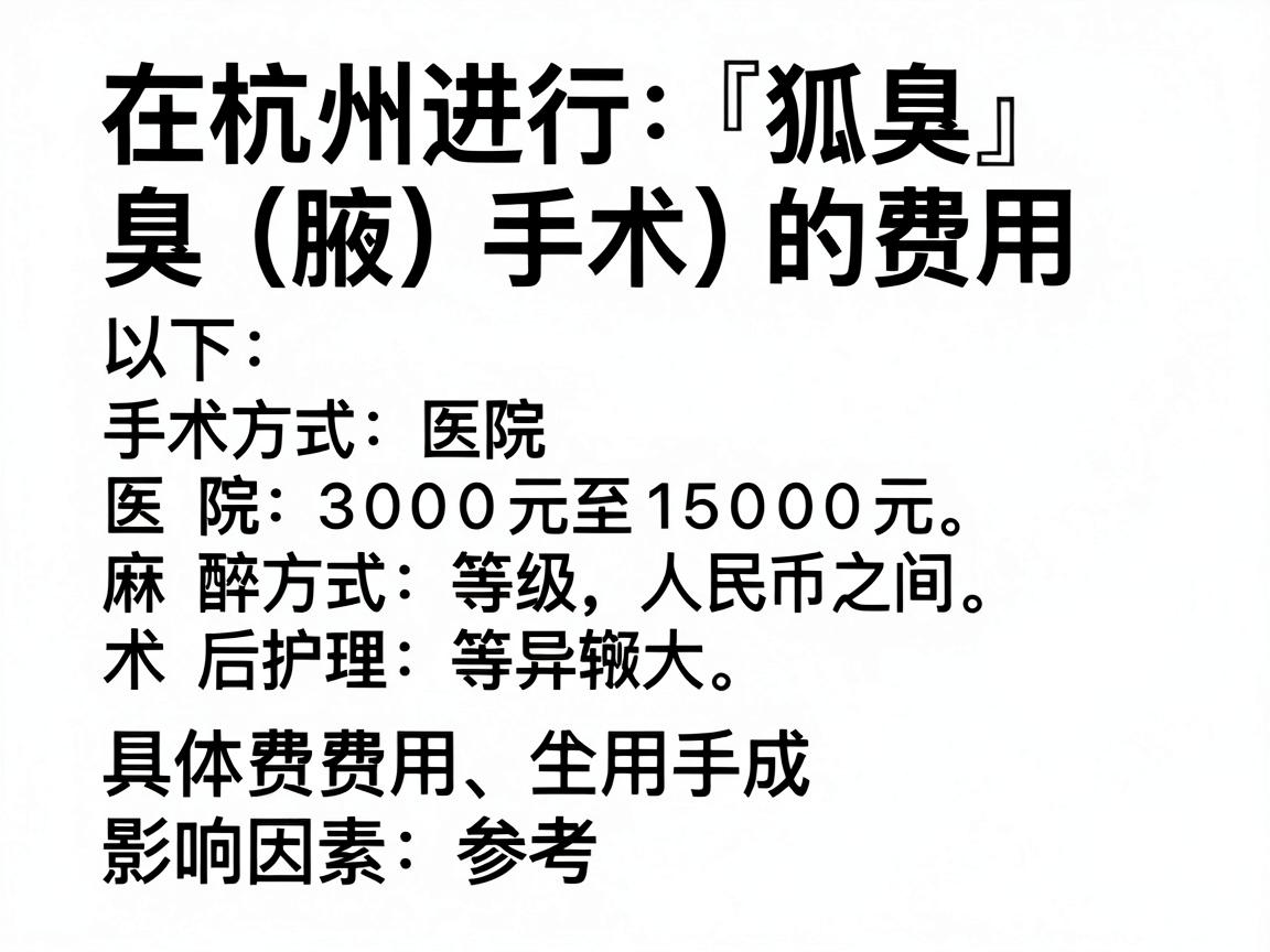 在杭州进行狐臭(腋臭)手术的费用因手术方式、医院等级、麻醉方式及术后护理等因素差异较大,大致范围在3000元至15000元人民币之间。以下为具体费用构成和影响因素供参考 在杭州进行狐臭(腋臭)手术的费用因手术方式、医院等级、麻醉方式及术后护理等因素差异较大,大致范围在3000元至15000元人民币之间。以下为具体费用构成和影响因素供参考