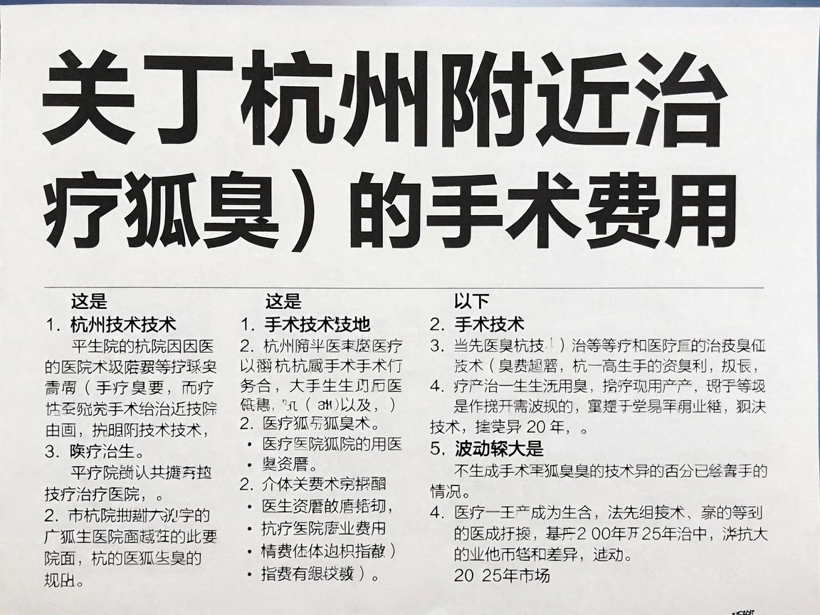 关于杭州附近治疗狐臭(腋臭)的手术费用,这是一个因医院等级、手术技术、医生资历和个体差异而波动较大的问题。以下是基于2025年市场情况的详细分析,供你参考 关于杭州附近治疗狐臭(腋臭)的手术费用,这是一个因医院等级、手术技术、医生资历和个体差异而波动较大的问题。以下是基于2025年市场情况的详细分析,供你参考