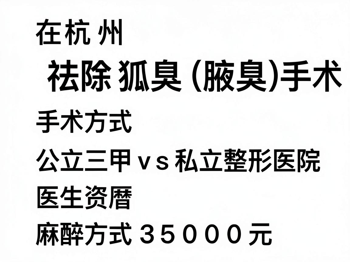 在杭州,祛除狐臭(腋臭)手术的费用因手术方式、医院等级(公立三甲 vs 私立整形医院)医生资历以及麻醉方式的不同而有较大差异。一般来说,总费用范围大约在 3000元 至 15000元 人民币之间 在杭州,祛除狐臭(腋臭)手术的费用因手术方式、医院等级(公立三甲 vs 私立整形医院)医生资历以及麻醉方式的不同而有较大差异。一般来说,总费用范围大约在 3000元 至 15000元 人民币之间