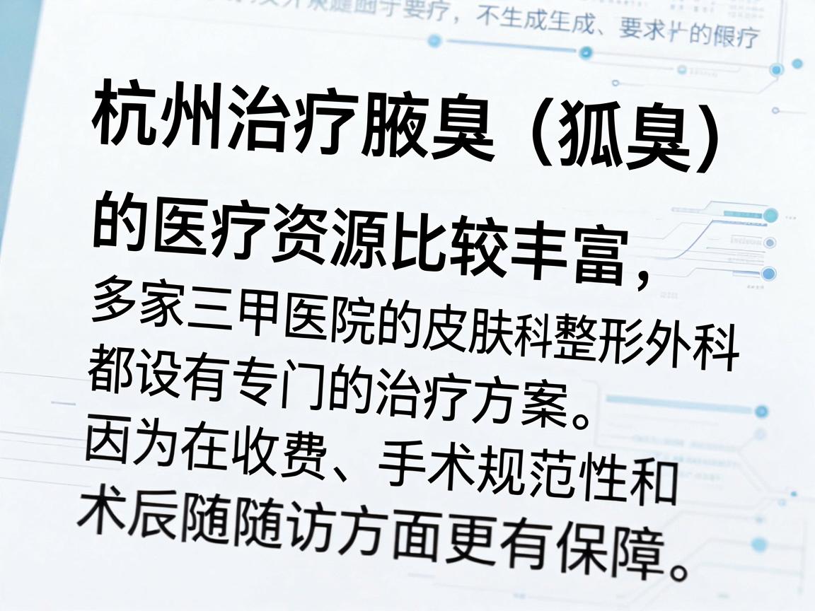 杭州治疗腋臭(狐臭)的医疗资源比较丰富,多家三甲医院的皮肤科或整形外科都设有专门的治疗方案。选择医院时,建议优先考虑公立三甲医院,因为这类医院在收费、手术规范性和术后随访方面更有保障 杭州治疗腋臭(狐臭)的医疗资源比较丰富,多家三甲医院的皮肤科或整形外科都设有专门的治疗方案。选择医院时,建议优先考虑公立三甲医院,因为这类医院在收费、手术规范性和术后随访方面更有保障