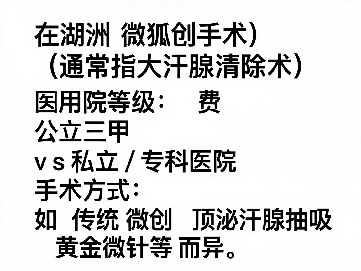 在湖州,做狐臭微创手术(通常指大汗腺清除术)的费用因医院等级(公立三甲 vs 私立/专科医院)和手术方式(如传统微创、顶泌汗腺抽吸、黄金微针等)而异。以下是大致的参考范围 在湖州,做狐臭微创手术(通常指大汗腺清除术)的费用因医院等级(公立三甲 vs 私立/专科医院)和手术方式(如传统微创、顶泌汗腺抽吸、黄金微针等)而异。以下是大致的参考范围
