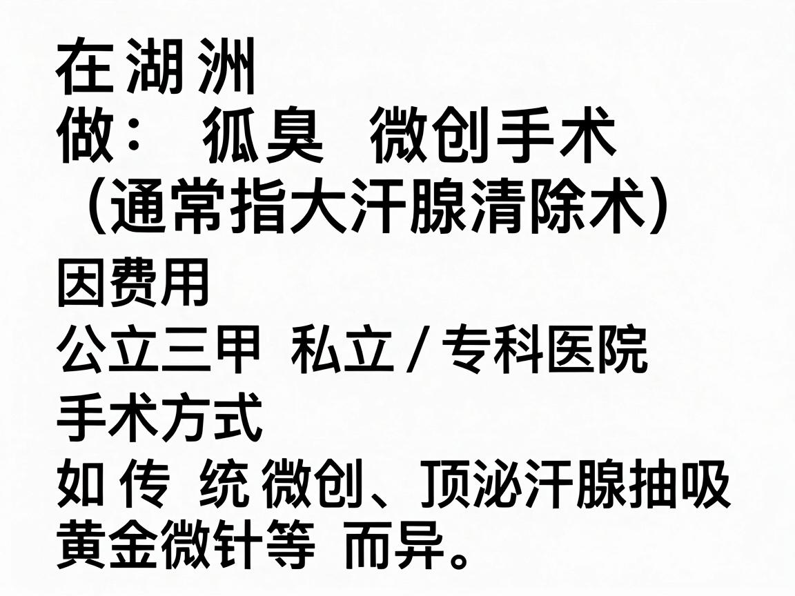 在湖州,做狐臭微创手术(通常指大汗腺清除术)的费用因医院等级(公立三甲 vs 私立/专科医院)和手术方式(如传统微创、顶泌汗腺抽吸、黄金微针等)而异。以下是大致的参考范围 在湖州,做狐臭微创手术(通常指大汗腺清除术)的费用因医院等级(公立三甲 vs 私立/专科医院)和手术方式(如传统微创、顶泌汗腺抽吸、黄金微针等)而异。以下是大致的参考范围