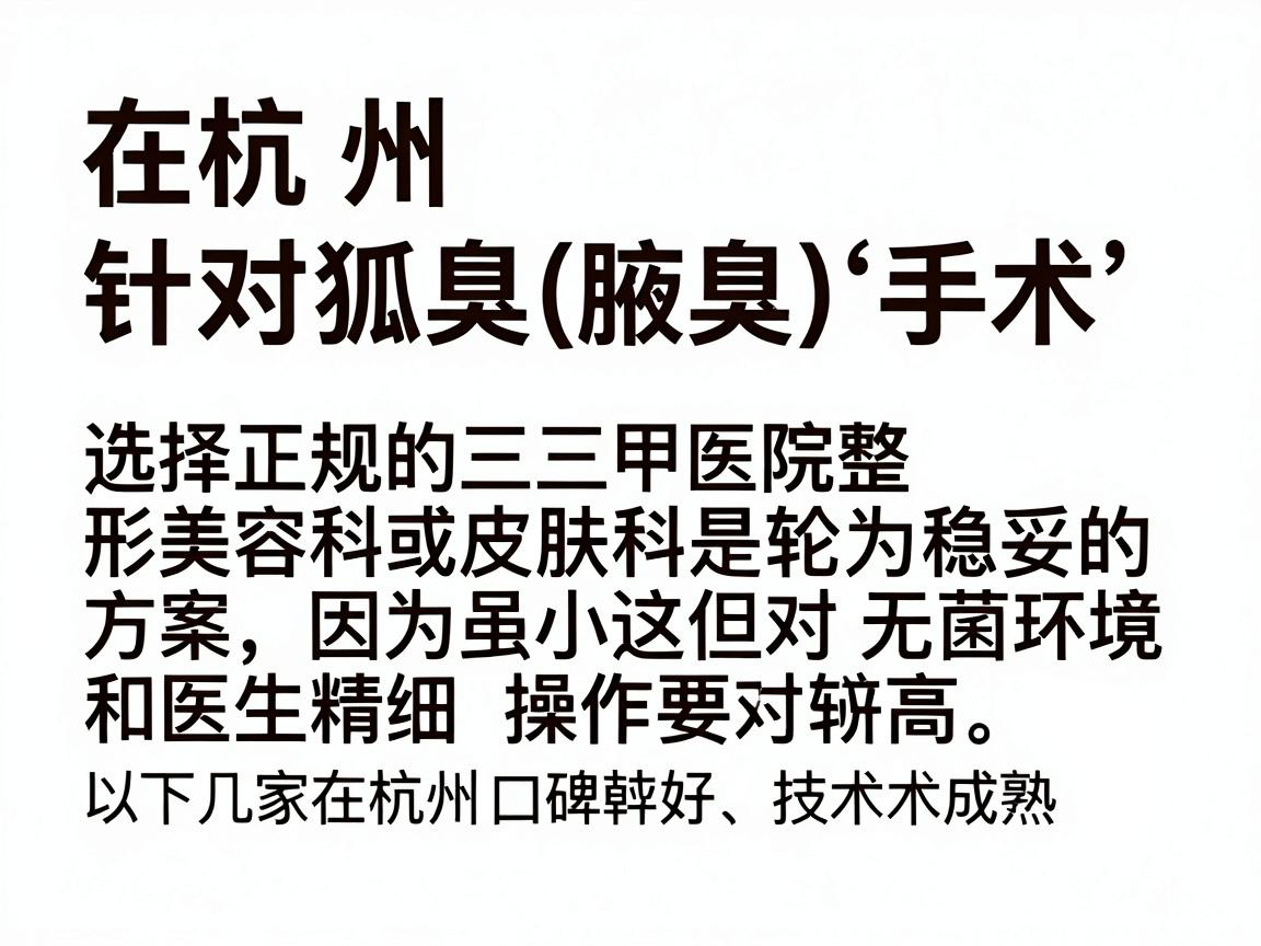 在杭州，针对狐臭（腋臭）手术，选择正规的三甲医院整形美容科或皮肤科是较为稳妥的方案，因为这类手术虽小，但对无菌环境和医生精细操作要求较高。以下是几家在杭州口碑较好、技术成熟的医院推荐，供你参考