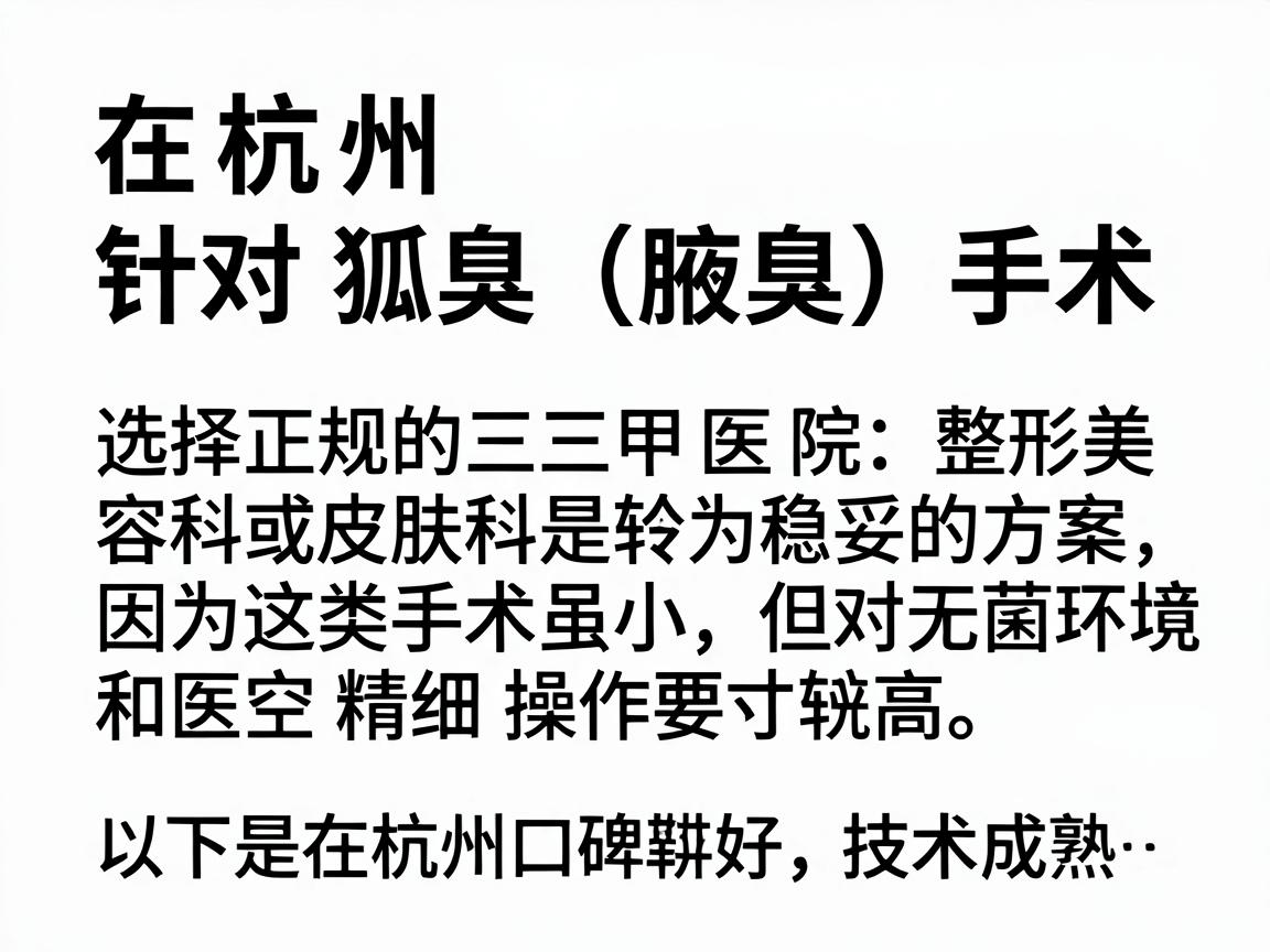 在杭州，针对狐臭（腋臭）手术，选择正规的三甲医院整形美容科或皮肤科是较为稳妥的方案，因为这类手术虽小，但对无菌环境和医生精细操作要求较高。以下是几家在杭州口碑较好、技术成熟的医院推荐，供你参考