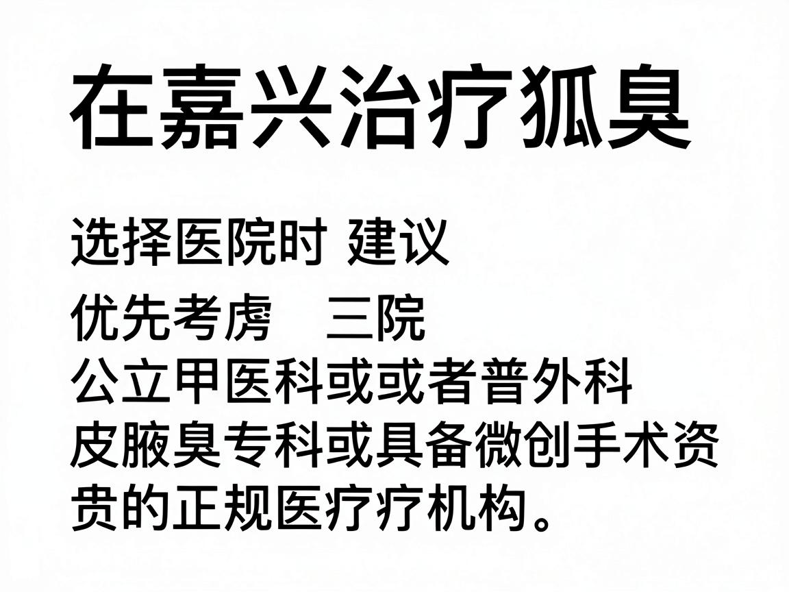在嘉兴治疗狐臭（腋臭）选择医院时建议优先考虑公立三甲医院的皮肤科或普外科（腋臭专科）或者具备微创手术资质的正规医疗机构。以下是整理后的建议，供你参考