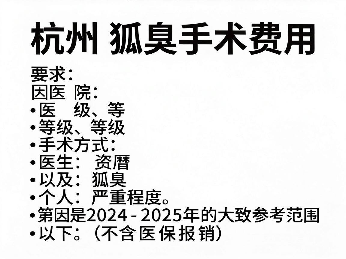 杭州狐臭手术的费用因医院等级、手术方式、医生资历以及个人狐臭严重程度等因素差异较大。以下是2024-2025年的大致参考范围（不含医保报销）