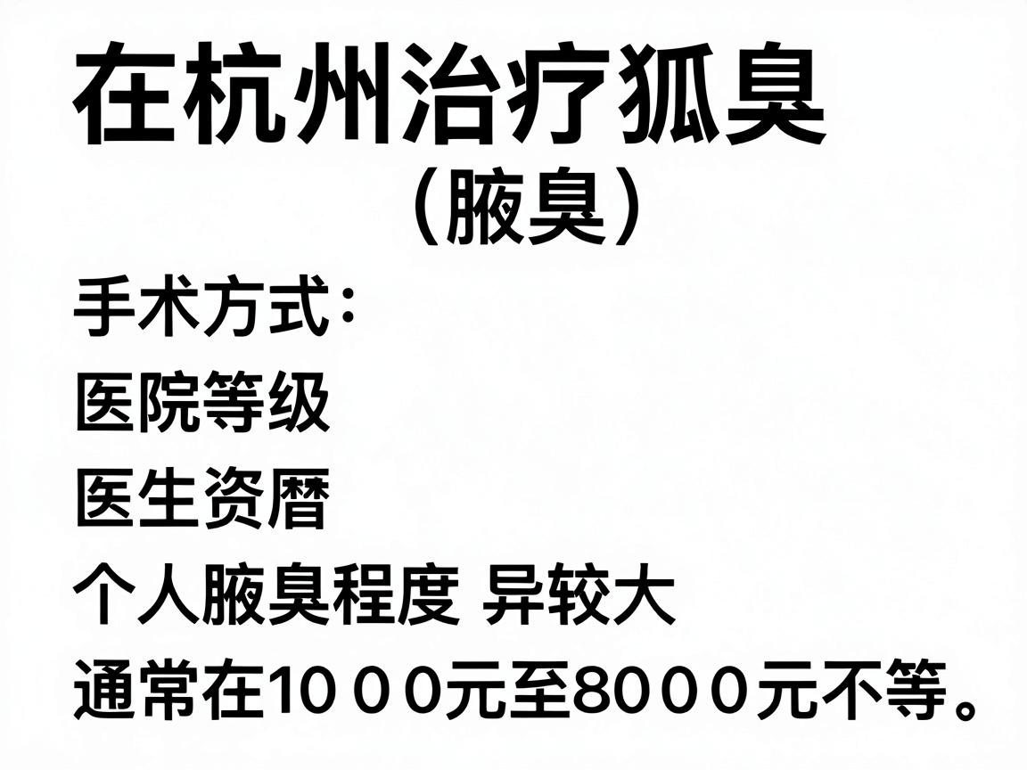 在杭州治疗狐臭（腋臭）的费用因手术方式、医院等级、医生资历及个人腋臭程度差异较大，通常在 1000元至8000元 不等。以下是具体参考范围