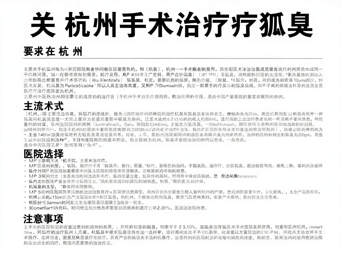 在杭州，手术治疗狐臭（腋臭）是一种成熟的医疗项目，主要针对中重度患者。以下是关于杭州手术治疗狐臭的详细指南，包括主流术式、医院选择及注意事项