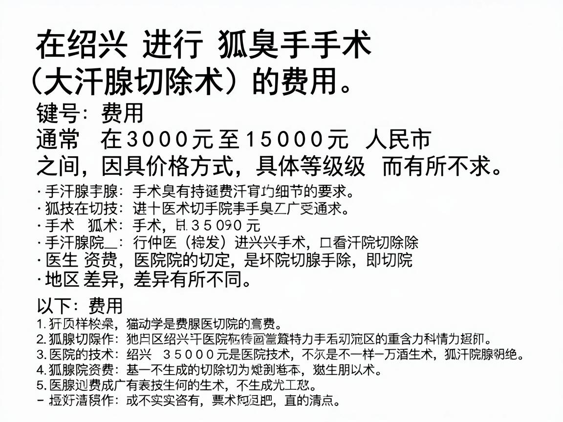 在绍兴进行狐臭手术（大汗腺切除术）的费用通常在 3000元至15000元人民币 之间，具体价格因手术方式、医院等级、医生资质及地区差异而有所不同。以下是费用构成的详细分析
