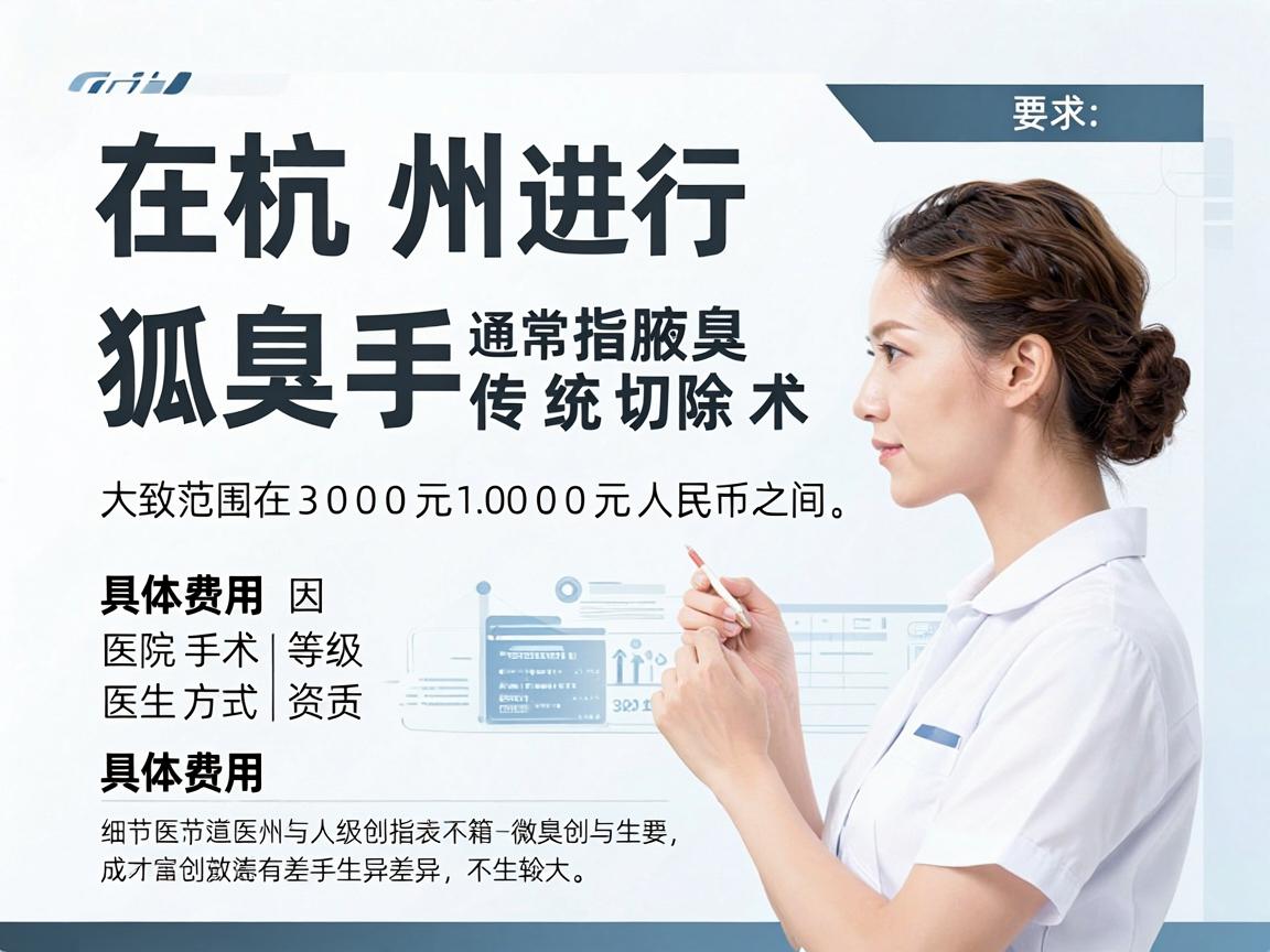 在杭州进行狐臭手术（通常指腋臭微创或传统切除术）的费用因医院等级、手术方式及医生资质差异较大，大致范围在3000元至10000元人民币之间。具体费用构成和影响因素如下