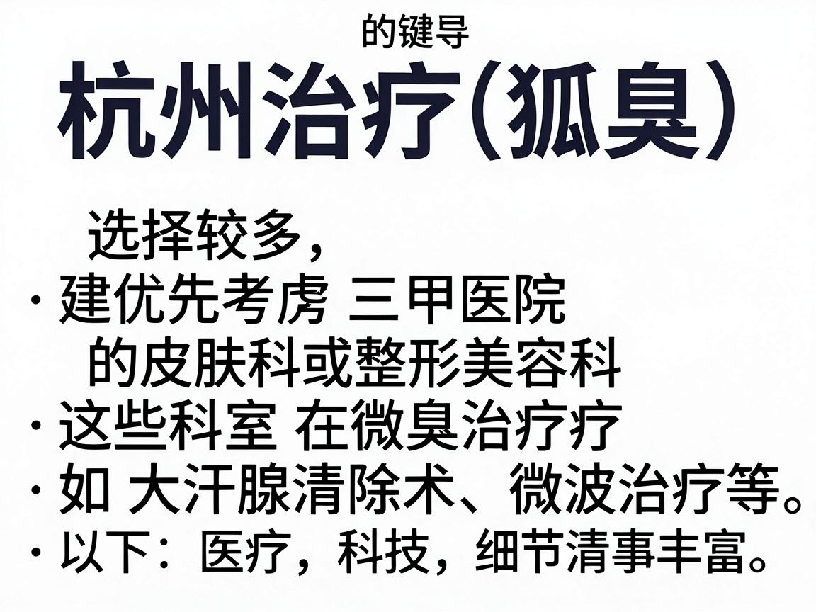 杭州治疗狐臭(腋臭)的医院选择较多,建议优先考虑三甲医院的皮肤科或整形美容科,这些科室在狐臭的微创治疗(如大汗腺清除术、微波治疗等)方面经验丰富。以下是部分参考医院 杭州治疗狐臭(腋臭)的医院选择较多,建议优先考虑三甲医院的皮肤科或整形美容科,这些科室在狐臭的微创治疗(如大汗腺清除术、微波治疗等)方面经验丰富。以下是部分参考医院