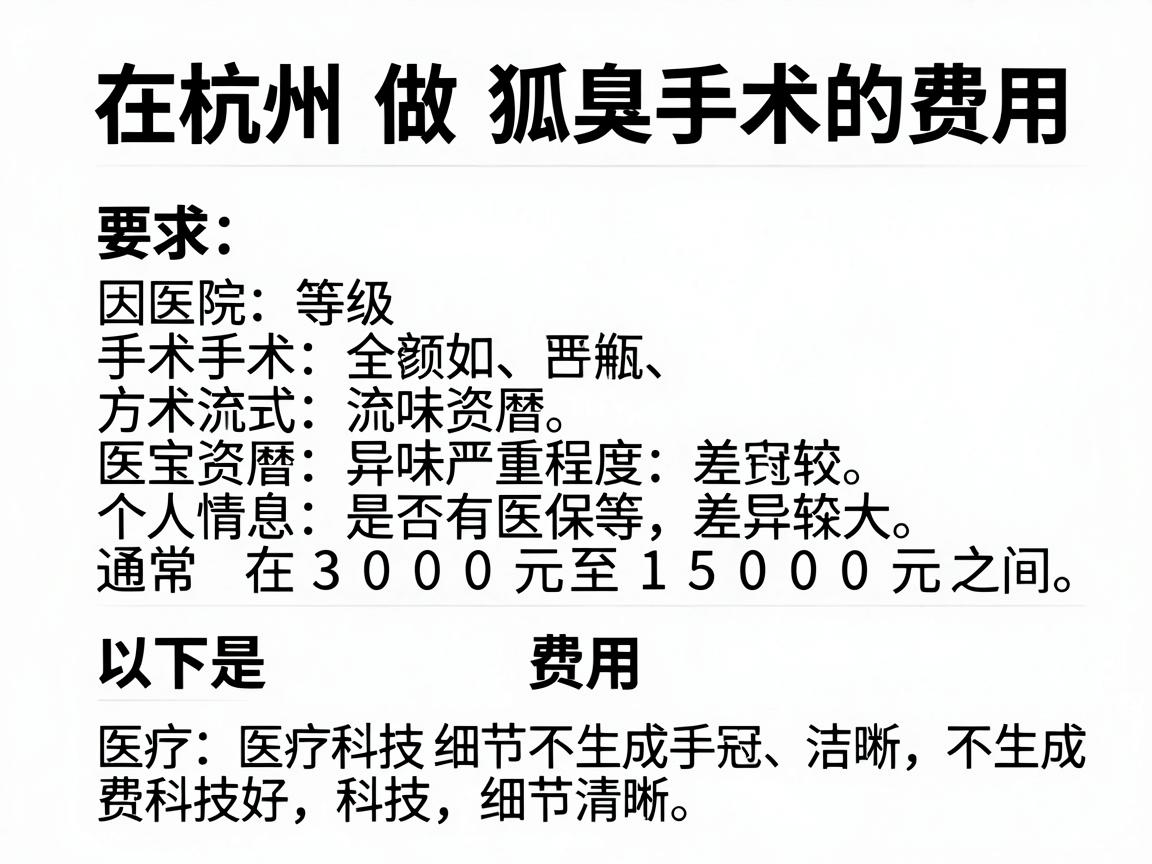 在杭州做狐臭手术的费用因医院等级、手术方式、医生资历及个人情况(如异味严重程度、是否有医保等)差异较大,通常在 3000元至15000元 之间。以下是主要费用构成及参考范围 在杭州做狐臭手术的费用因医院等级、手术方式、医生资历及个人情况(如异味严重程度、是否有医保等)差异较大,通常在 3000元至15000元 之间。以下是主要费用构成及参考范围