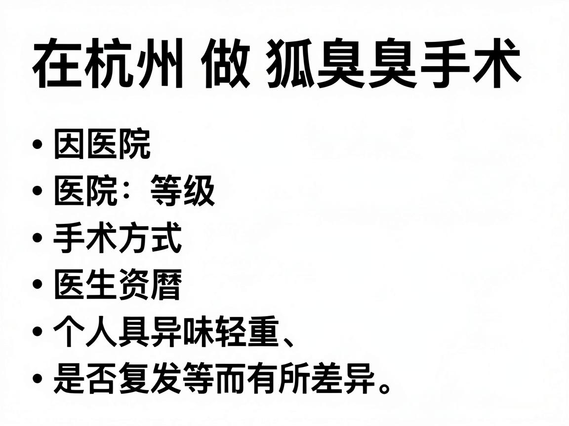 在杭州做狐臭手术的费用因医院等级、手术方式、医生资历及个人具体情况(如异味轻重、是否复发等)而有所差异。以下是2025年大致的参考范围 在杭州做狐臭手术的费用因医院等级、手术方式、医生资历及个人具体情况(如异味轻重、是否复发等)而有所差异。以下是2025年大致的参考范围