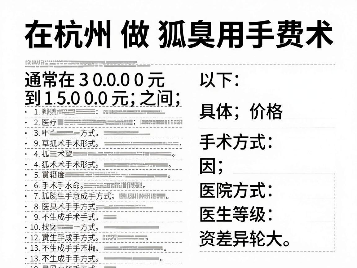 在杭州做狐臭手术的费用通常在 3000元到15000元 之间，具体价格因手术方式、医院等级和医生资历差异较大。以下是详细参考