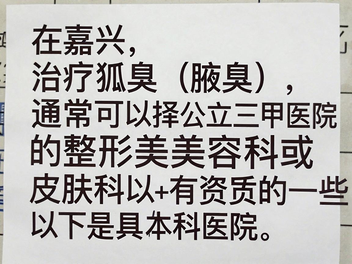 在嘉兴,治疗狐臭(腋臭)通常可以选择公立三甲医院的整形美容科或皮肤科,以及一些有资质的私立专科医院。以下是具体推荐和分析,供你参考 在嘉兴,治疗狐臭(腋臭)通常可以选择公立三甲医院的整形美容科或皮肤科,以及一些有资质的私立专科医院。以下是具体推荐和分析,供你参考