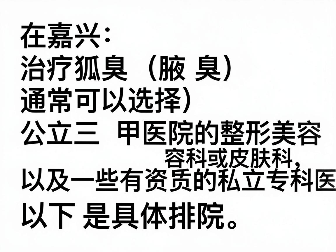 在嘉兴,治疗狐臭(腋臭)通常可以选择公立三甲医院的整形美容科或皮肤科,以及一些有资质的私立专科医院。以下是具体推荐和分析,供你参考 在嘉兴,治疗狐臭(腋臭)通常可以选择公立三甲医院的整形美容科或皮肤科,以及一些有资质的私立专科医院。以下是具体推荐和分析,供你参考