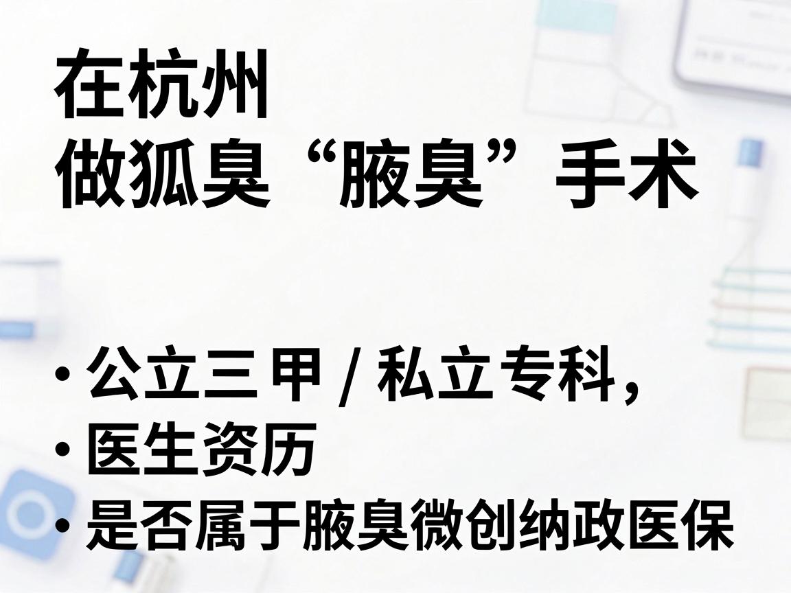 在杭州,做狐臭(腋臭)手术的费用并不是固定的,价格差异主要取决于手术方式、医院等级(公立三甲/私立专科)医生资历以及是否属于腋臭微创纳入医保的政策范围 在杭州,做狐臭(腋臭)手术的费用并不是固定的,价格差异主要取决于手术方式、医院等级(公立三甲/私立专科)医生资历以及是否属于腋臭微创纳入医保的政策范围