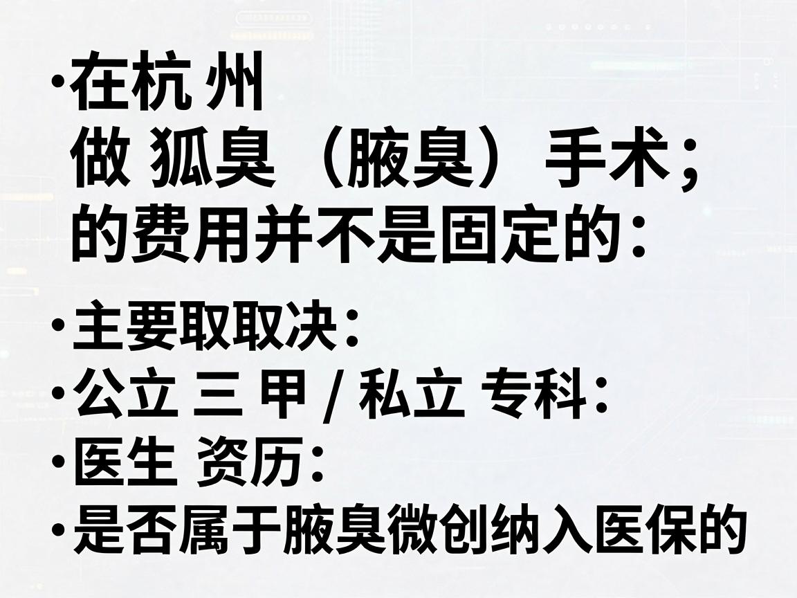 在杭州,做狐臭(腋臭)手术的费用并不是固定的,价格差异主要取决于手术方式、医院等级(公立三甲/私立专科)医生资历以及是否属于腋臭微创纳入医保的政策范围 在杭州,做狐臭(腋臭)手术的费用并不是固定的,价格差异主要取决于手术方式、医院等级(公立三甲/私立专科)医生资历以及是否属于腋臭微创纳入医保的政策范围