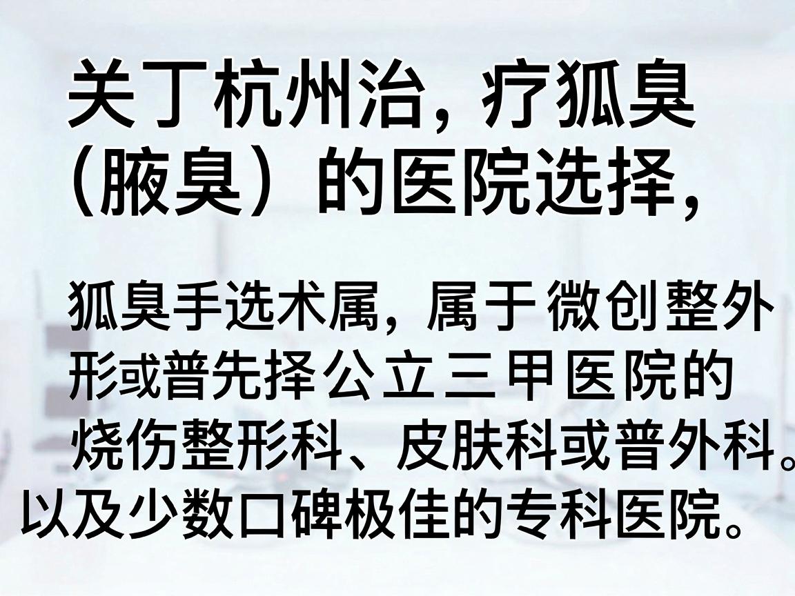关于杭州治疗狐臭(腋臭)的医院选择,核心原则是,狐臭手术属于微创整形或普外科范畴,建议优先选择公立三甲医院的烧伤整形科、皮肤科或普外科,以及少数口碑极佳的专科医院 关于杭州治疗狐臭(腋臭)的医院选择,核心原则是,狐臭手术属于微创整形或普外科范畴,建议优先选择公立三甲医院的烧伤整形科、皮肤科或普外科,以及少数口碑极佳的专科医院