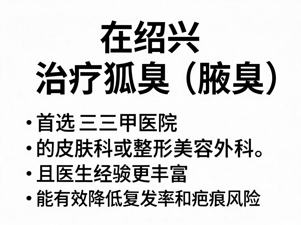 在绍兴,治疗狐臭(腋臭)首选三甲医院的皮肤科或整形美容外科。正规医院能确保手术卫生、避免感染,且医生经验更丰富,能有效降低复发率和疤痕风险 在绍兴,治疗狐臭(腋臭)首选三甲医院的皮肤科或整形美容外科。正规医院能确保手术卫生、避免感染,且医生经验更丰富,能有效降低复发率和疤痕风险