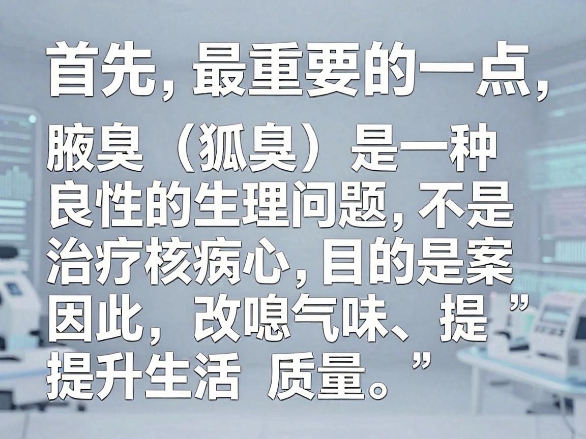 首先,最重要的一点,腋臭(狐臭)是一种良性的生理问题,不是疾病,治疗的核心目的是改善气味、提升生活质量。因此,选择治疗方案时,应理性评估自身情况,避免过度医疗 首先,最重要的一点,腋臭(狐臭)是一种良性的生理问题,不是疾病,治疗的核心目的是改善气味、提升生活质量。因此,选择治疗方案时,应理性评估自身情况,避免过度医疗