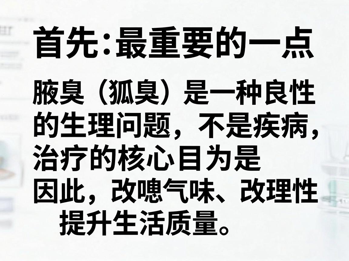 首先,最重要的一点,腋臭(狐臭)是一种良性的生理问题,不是疾病,治疗的核心目的是改善气味、提升生活质量。因此,选择治疗方案时,应理性评估自身情况,避免过度医疗 首先,最重要的一点,腋臭(狐臭)是一种良性的生理问题,不是疾病,治疗的核心目的是改善气味、提升生活质量。因此,选择治疗方案时,应理性评估自身情况,避免过度医疗