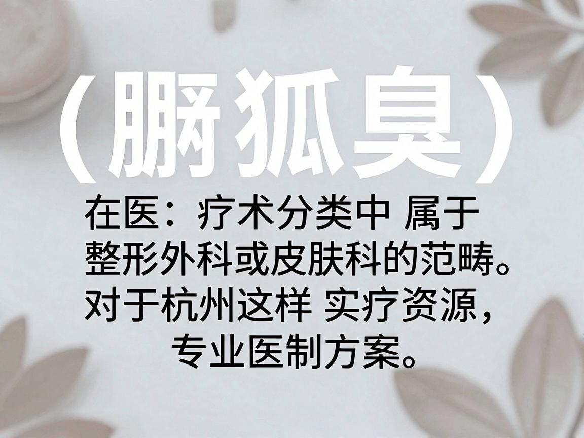 腋臭(狐臭)手术在医疗分类中属于整形外科或皮肤科的范畴。对于杭州这样医疗资源丰富的城市,选择医院时建议遵循实力品牌 专业医生 定制方案的原则 腋臭(狐臭)手术在医疗分类中属于整形外科或皮肤科的范畴。对于杭州这样医疗资源丰富的城市,选择医院时建议遵循实力品牌 专业医生 定制方案的原则