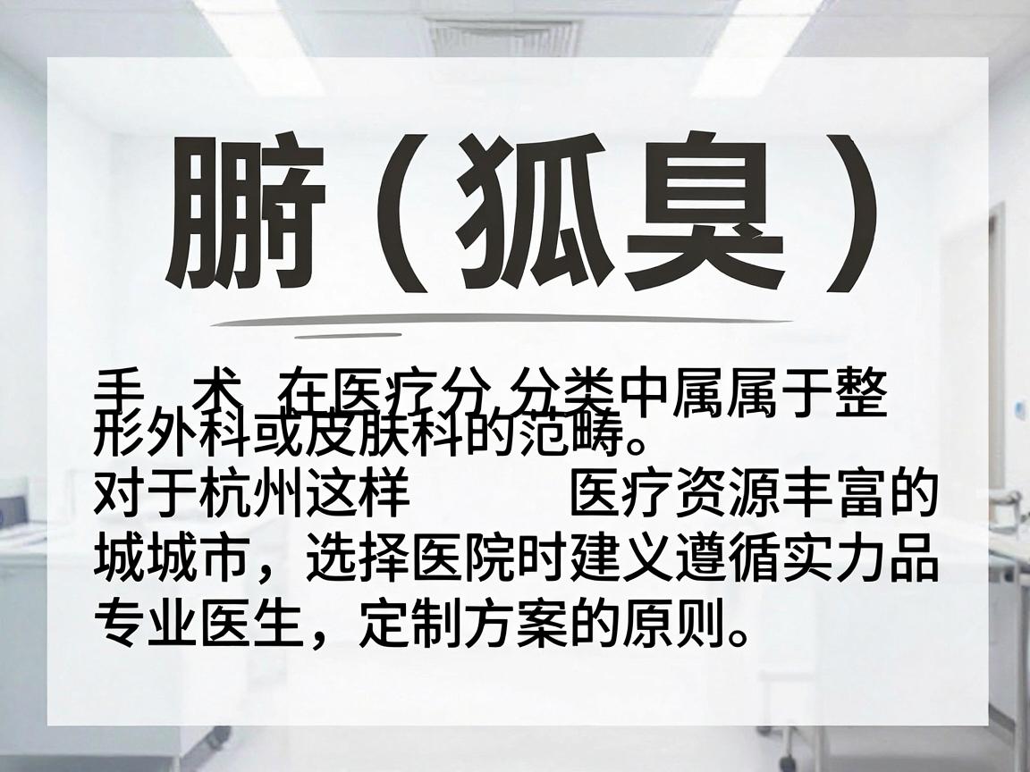 腋臭(狐臭)手术在医疗分类中属于整形外科或皮肤科的范畴。对于杭州这样医疗资源丰富的城市,选择医院时建议遵循实力品牌 专业医生 定制方案的原则 腋臭(狐臭)手术在医疗分类中属于整形外科或皮肤科的范畴。对于杭州这样医疗资源丰富的城市,选择医院时建议遵循实力品牌 专业医生 定制方案的原则