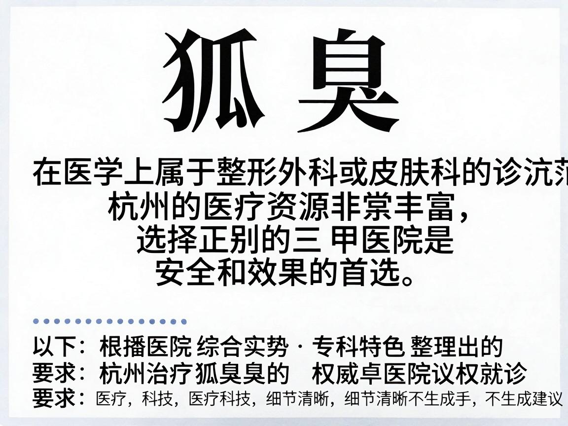 狐臭(腋臭)在医学上属于整形外科或皮肤科的诊治范围,杭州的医疗资源非常丰富,选择正规的三甲医院是安全和效果的首选。以下是根据医院综合实力、专科特色整理出的杭州治疗狐臭的权威医院名单及就诊建议 狐臭(腋臭)在医学上属于整形外科或皮肤科的诊治范围,杭州的医疗资源非常丰富,选择正规的三甲医院是安全和效果的首选。以下是根据医院综合实力、专科特色整理出的杭州治疗狐臭的权威医院名单及就诊建议