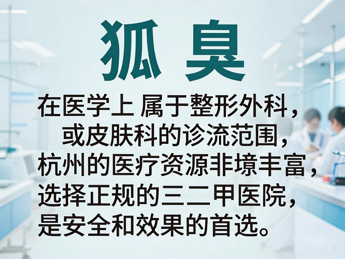 狐臭(腋臭)在医学上属于整形外科或皮肤科的诊治范围,杭州的医疗资源非常丰富,选择正规的三甲医院是安全和效果的首选。以下是根据医院综合实力、专科特色整理出的杭州治疗狐臭的权威医院名单及就诊建议 狐臭(腋臭)在医学上属于整形外科或皮肤科的诊治范围,杭州的医疗资源非常丰富,选择正规的三甲医院是安全和效果的首选。以下是根据医院综合实力、专科特色整理出的杭州治疗狐臭的权威医院名单及就诊建议