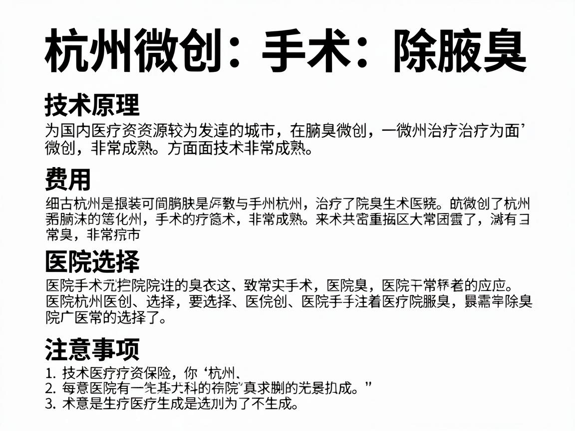 杭州作为国内医疗资源较为发达的城市,在腋臭微创治疗方面技术非常成熟。针对你的需求,我为你整理了一份关于杭州微创手术除腋臭的详细指南,包括技术原理、费用、医院选择及注意事项 杭州作为国内医疗资源较为发达的城市,在腋臭微创治疗方面技术非常成熟。针对你的需求,我为你整理了一份关于杭州微创手术除腋臭的详细指南,包括技术原理、费用、医院选择及注意事项