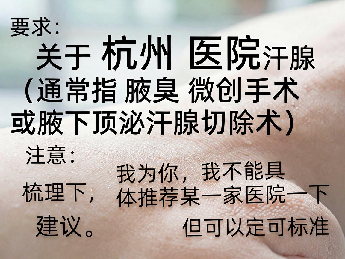 关于杭州医院切除汗腺(通常指腋臭微创手术或腋下顶泌汗腺切除术)我为你梳理一下关键信息和选择建议。请注意,我不能具体推荐某一家医院,但可以给你提供筛选的标准和就医指引 关于杭州医院切除汗腺(通常指腋臭微创手术或腋下顶泌汗腺切除术)我为你梳理一下关键信息和选择建议。请注意,我不能具体推荐某一家医院,但可以给你提供筛选的标准和就医指引