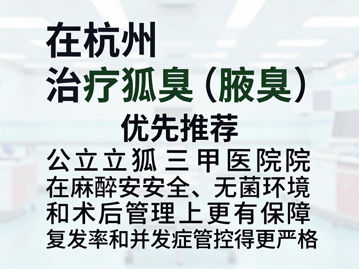 在杭州,治疗狐臭(腋臭)优先推荐公立三甲医院的整形外科或皮肤科,因为公立医院在麻醉安全、无菌环境和术后管理上更有保障,且复发率和并发症管控得更严格 在杭州,治疗狐臭(腋臭)优先推荐公立三甲医院的整形外科或皮肤科,因为公立医院在麻醉安全、无菌环境和术后管理上更有保障,且复发率和并发症管控得更严格